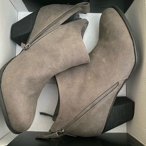 Torrid Grey faux suede side zip ankle heel booties